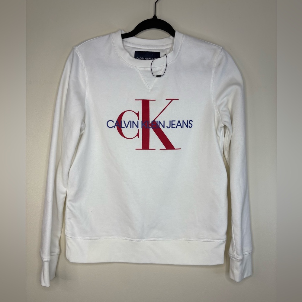 Calvin Klein White Sweatshirt with Red and Blue Accents